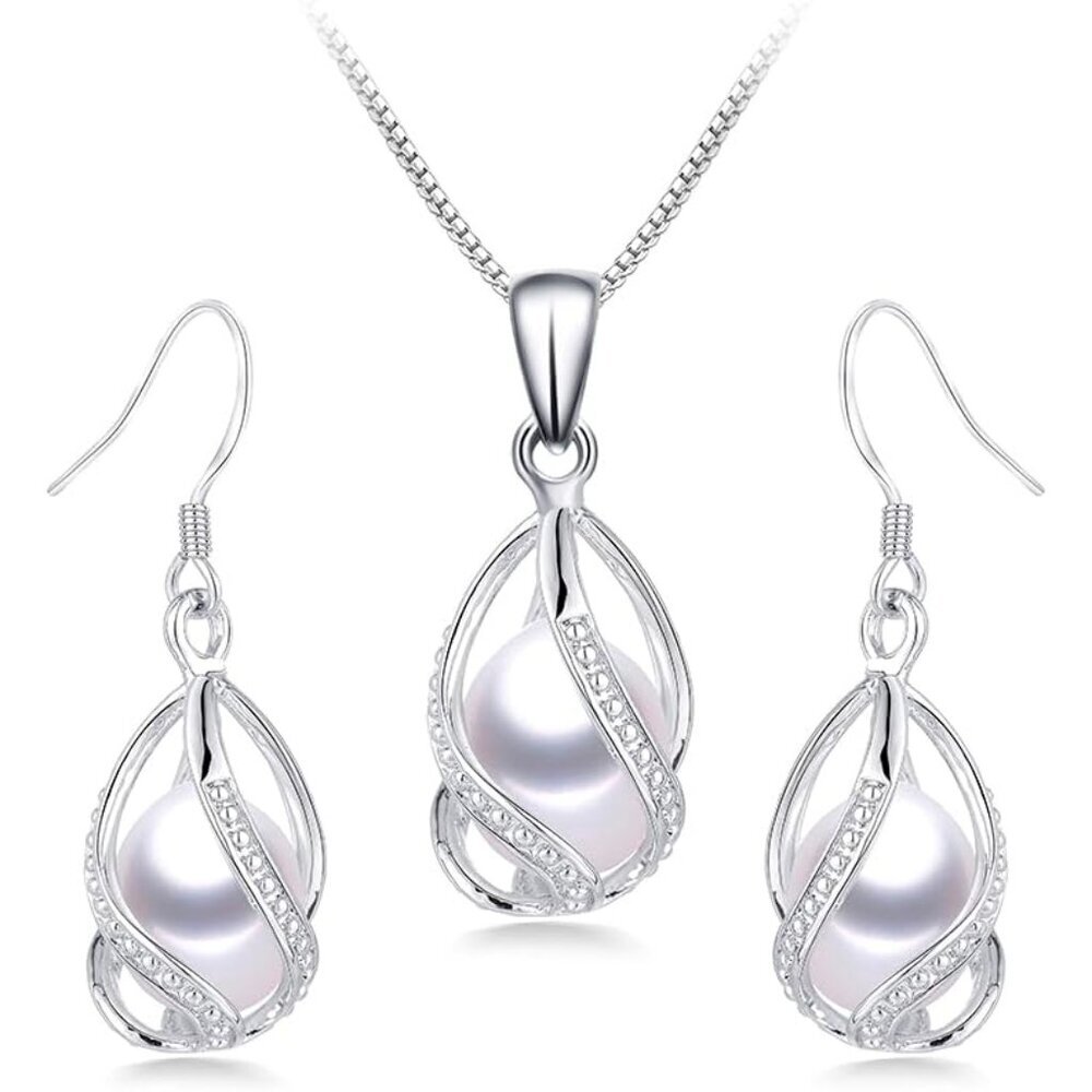 Pearl Jewelry Set For Women S925 Sterling Silver/14K Gold Plated Necklace & Earr